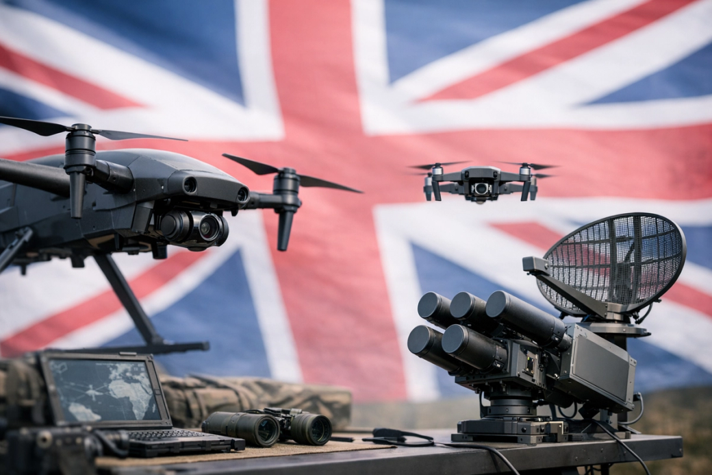 The image showcases unmanned aerial vehicles (drones) alongside military technology against a backdrop of the Union Jack flag. The setup includes a monitor displaying a map, along with other surveillance equipment, suggesting a focus on defense or reconnaissance operations.