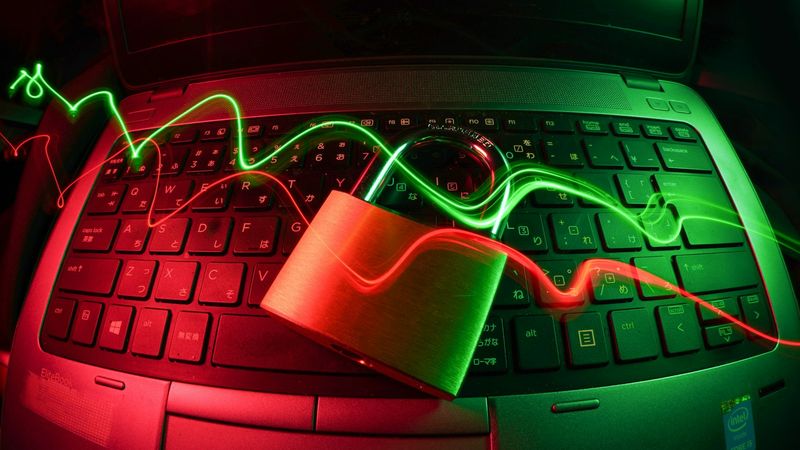 The image showcases a laptop keyboard with a metallic padlock placed on it, illuminated by red and green light trails. The contrasting colors and lighting create a sense of digital security and technology.