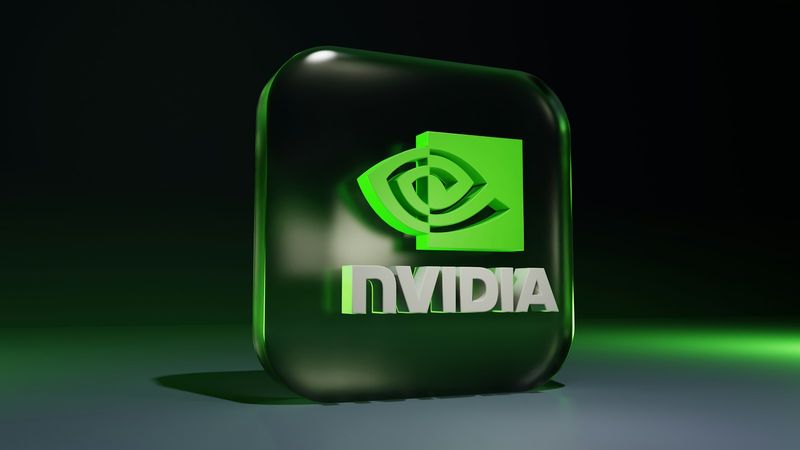 The image features a 3D representation of the NVIDIA logo, which is depicted on a glossy green background. The logo is prominently displayed, reflecting light, emphasizing the brand's identity in the tech industry.