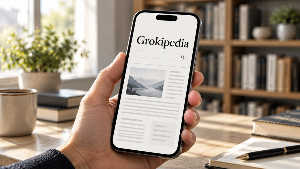 The image shows a person holding a smartphone displaying a webpage titled 'Grokipedia'. The background features a cozy setting with bookshelves and a plant, suggesting a relaxed reading environment.