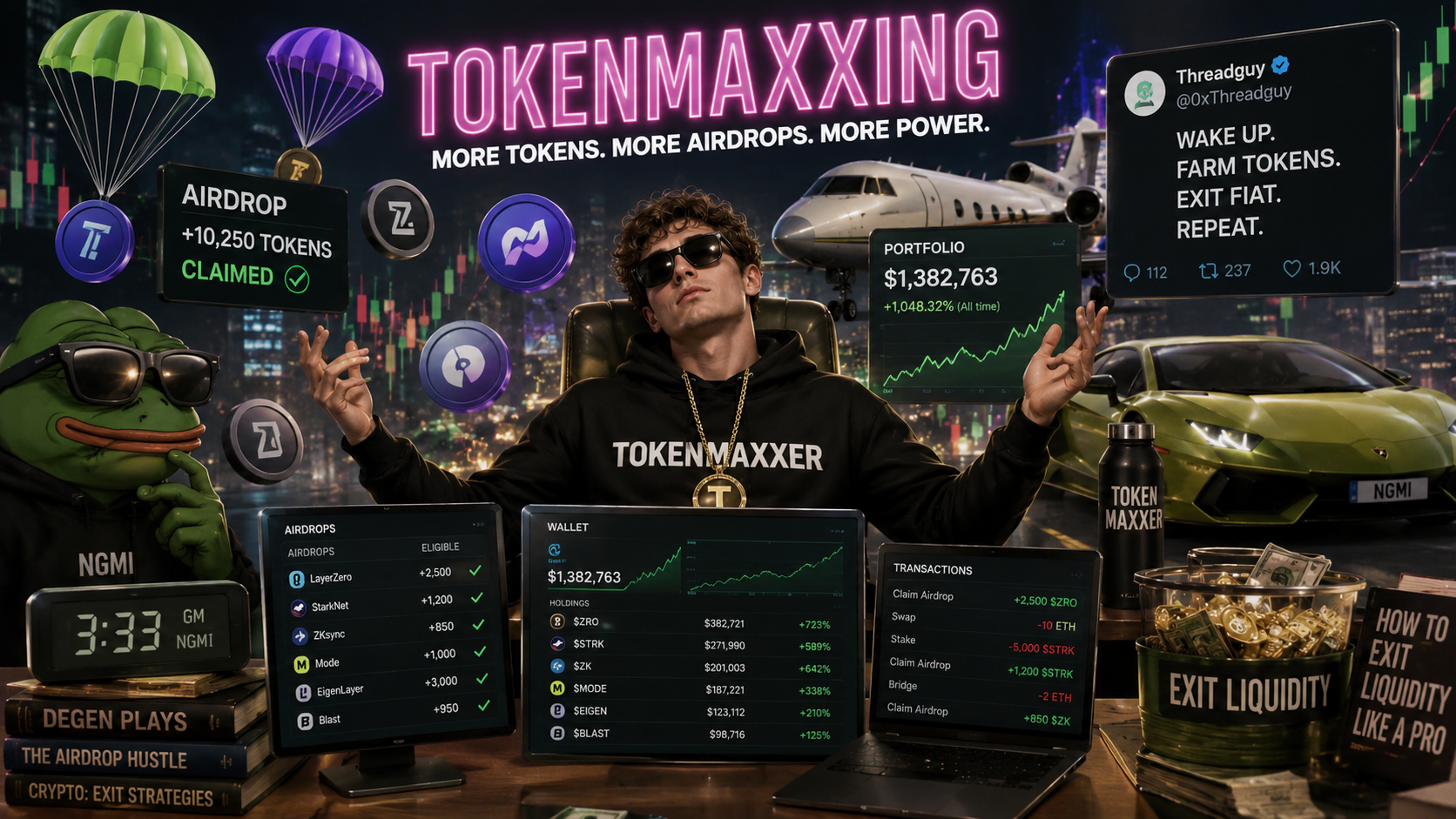The image features a central figure styled as a 'Tokenmaxxer' surrounded by various digital finance elements. It includes screens displaying token amounts, a wallet balance, and social media snippets, emphasizing themes of cryptocurrency and trading strategies.