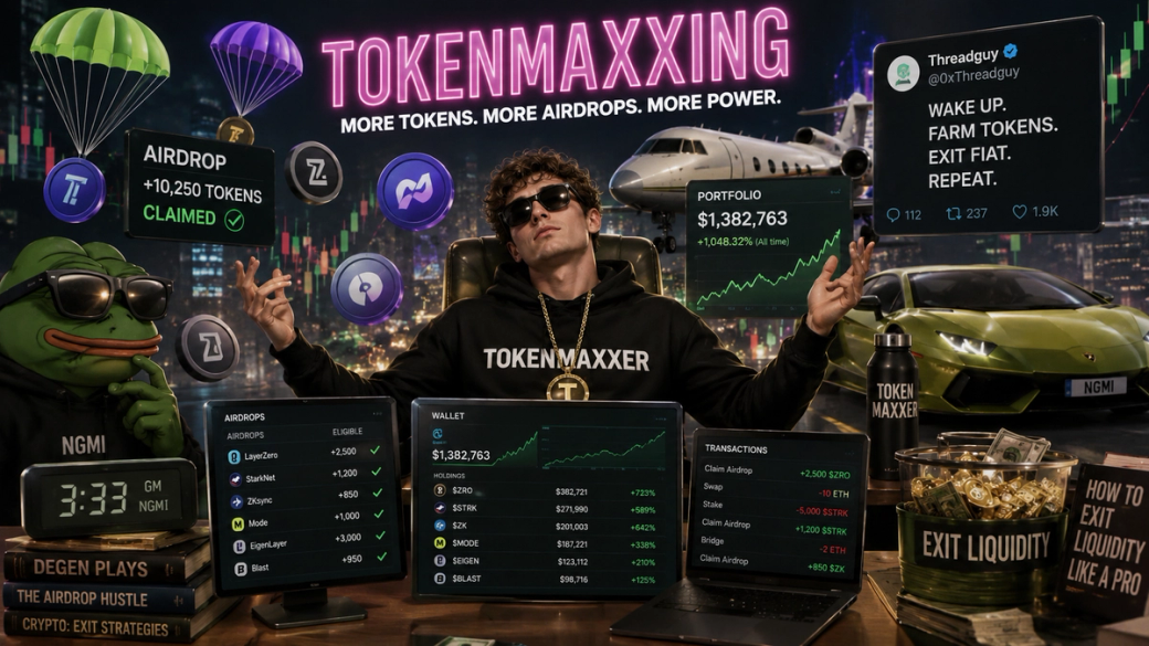 The image features a central figure styled as a 'Tokenmaxxer' surrounded by various digital finance elements. It includes screens displaying token amounts, a wallet balance, and social media snippets, emphasizing themes of cryptocurrency and trading strategies.