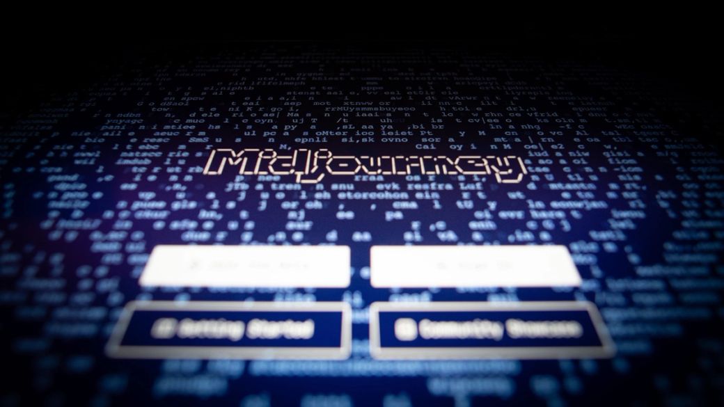 The image displays a close-up view of a digital interface related to MidJourney, featuring various texts on a dark screen. The background is composed of binary code, suggesting a connection to technology and digital art. — Credit: Photo by Jonathan Kemper / Unsplash