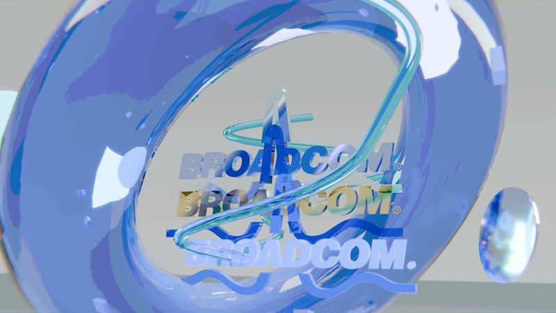 The image features a stylized 3D representation of the Broadcom logo, with a swirling blue element creating a dynamic visual effect. The logo appears multiple times, emphasizing the brand's presence.