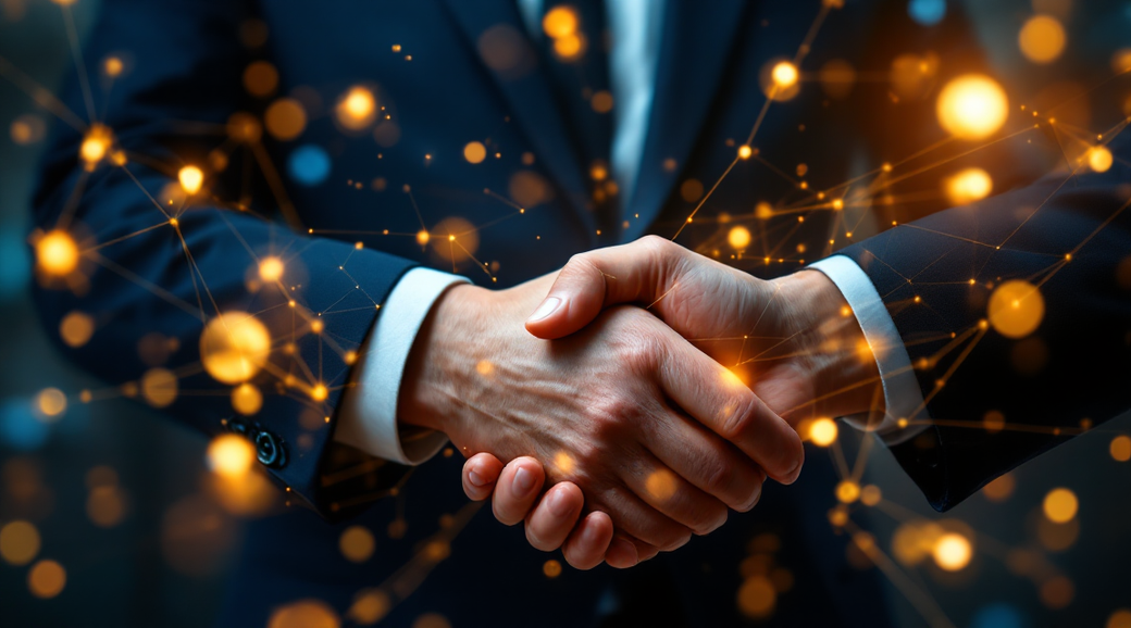 The image depicts two individuals shaking hands, symbolizing partnership or agreement. The background is enhanced with a digital network of glowing nodes, suggesting a connection or collaboration in a modern context.