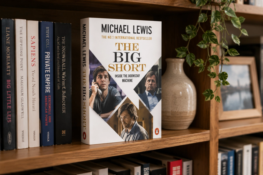 A bookshelf filled with various books, featuring prominently the book 'The Big Short' by Michael Lewis. The setting suggests a cozy home or office environment.