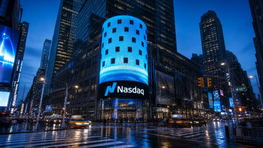 The image depicts the Nasdaq building in Times Square, New York City, illuminated with vibrant blue lighting during twilight. Reflections of traffic and nearby skyscrapers can be seen on the wet pavement, creating a lively urban atmosphere.