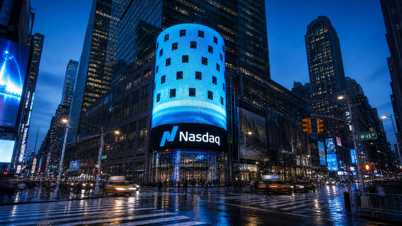 The image depicts the Nasdaq building in Times Square, New York City, illuminated with vibrant blue lighting during twilight. Reflections of traffic and nearby skyscrapers can be seen on the wet pavement, creating a lively urban atmosphere.