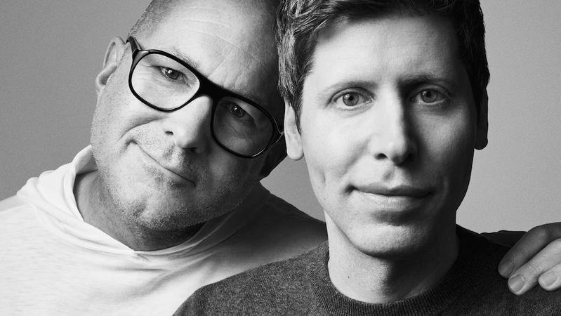 The image features two men closely positioned, with one wearing glasses and a white hoodie, and the other in a gray sweater. Their facial expressions convey a sense of camaraderie and engagement, suggesting a collaboration between prominent figures in design and technology.