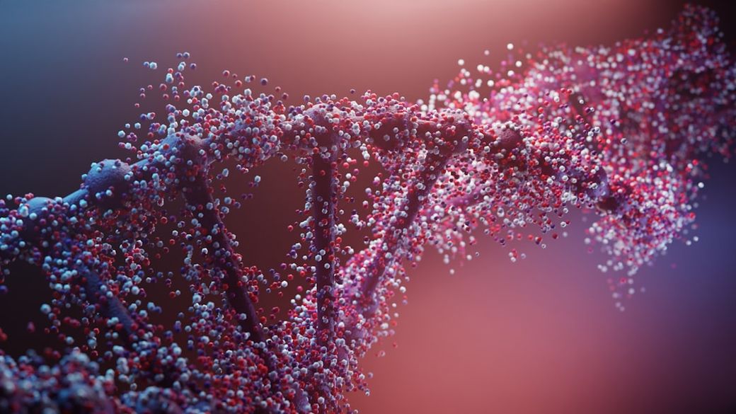 The image depicts a vibrant representation of a DNA double helix, showcasing colorful atoms and molecules swirling around its structure. The artistic portrayal highlights the complexity and beauty of genetic material in a visually striking manner. — Credit: Photo by MJH SHIKDER on Unsplash
