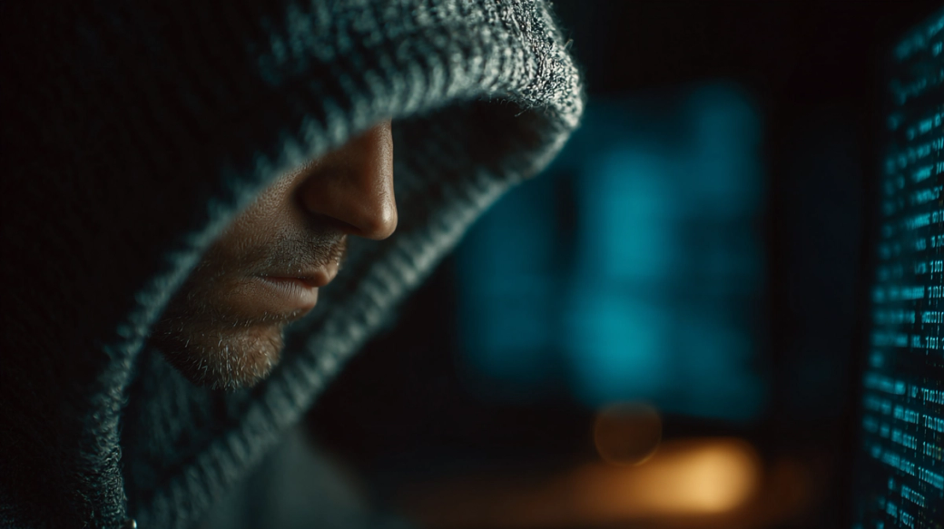 The image features a close-up profile of a person wearing a hooded sweater, focused on a glowing computer screen filled with digital code. The setting conveys an atmosphere of secrecy and technology.