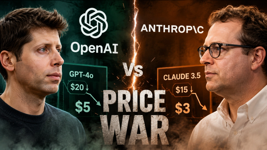 The image depicts a visual confrontation between representatives of OpenAI and Anthropic, highlighting a competitive narrative centered around pricing strategies for their AI models. The background features contrasting colors representing each company, with a central display of pricing information that suggests a price war in the artificial intelligence sector.