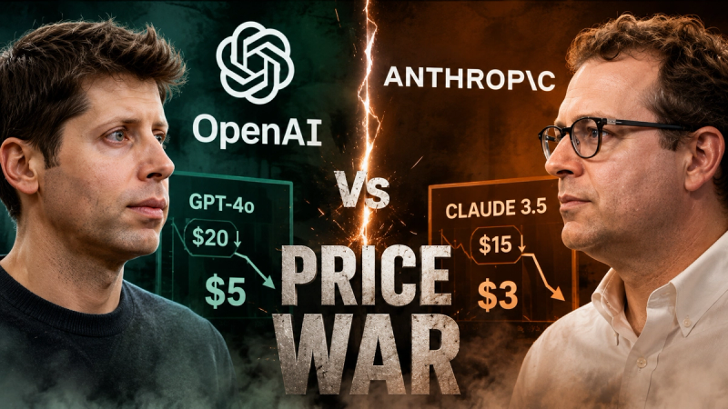 The image depicts a visual confrontation between representatives of OpenAI and Anthropic, highlighting a competitive narrative centered around pricing strategies for their AI models. The background features contrasting colors representing each company, with a central display of pricing information that suggests a price war in the artificial intelligence sector.