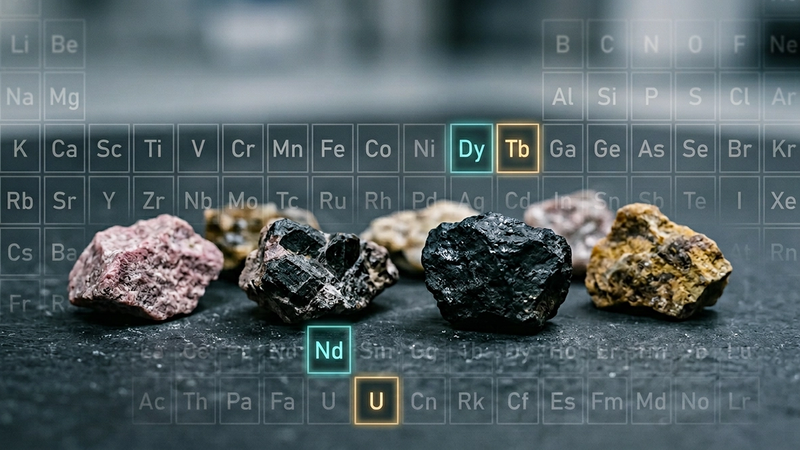 The image of 'Rare Earth Minerals' features a collection of various mineral rocks arranged on a surface, with a periodic table graphic in the background highlighting specific elements like Neodymium (Nd) and Dysprosium (Dy). The visuals suggest a focus on minerals relevant to technology and manufacturing. Representing the periodic table.