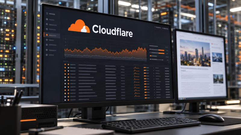 The image showcases a modern work environment featuring computer monitors with data analytics displayed prominently. The main screen prominently features the Cloudflare logo and a line graph indicating network performance metrics, suggesting a focus on internet security and infrastructure.