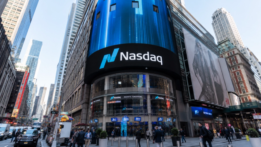 The image depicts the Nasdaq headquarters located in Times Square, showcasing the iconic electronic display with the Nasdaq logo prominently featured. Surrounding the building, the bustling urban environment highlights the vibrant activity typical of this financial district.