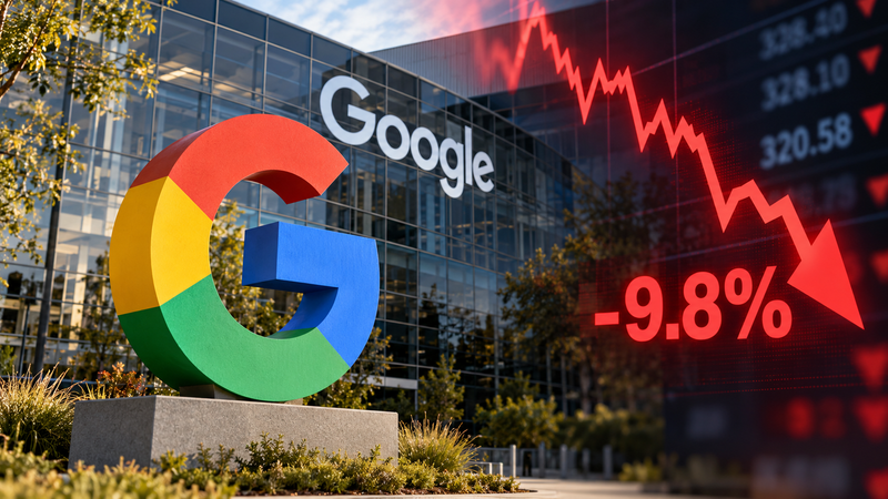 The image features the Google headquarters building with a large, colorful 'G' logo in front. A digital display shows a significant stock price decline of 9.8%, indicating a sharp plunge in Google's shares.