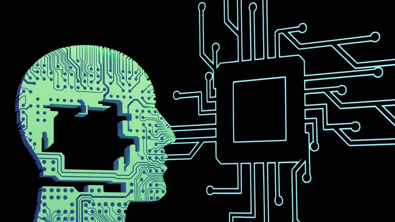 The image depicts a stylized human head silhouette filled with circuit patterns, connected to a central processing unit (CPU) through a network of electronic circuits. This representation symbolizes the intersection of technology and human intellect.