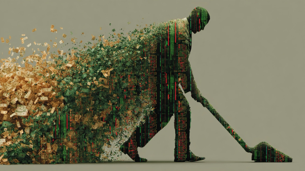 The image depicts a silhouette of a person shoveling a mix of money and digital data. The left side shows cascading dollar bills, while the right side features green and red data patterns, suggesting a connection between finance and technology.