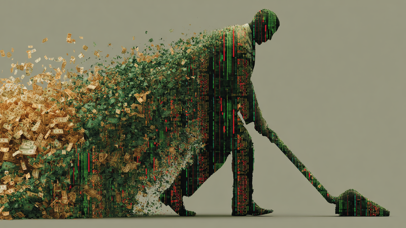 The image depicts a silhouette of a person shoveling a mix of money and digital data. The left side shows cascading dollar bills, while the right side features green and red data patterns, suggesting a connection between finance and technology.