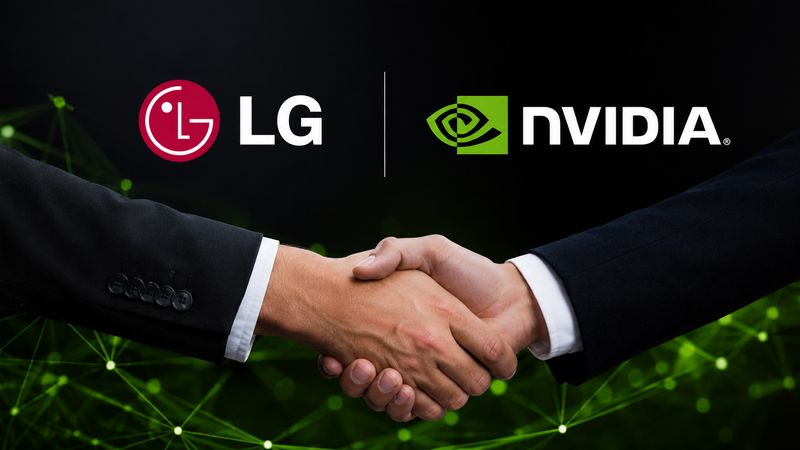 The image shows a handshake between two individuals, symbolizing partnership or collaboration. Visible logos on the left and right indicate the companies involved, LG and NVIDIA.