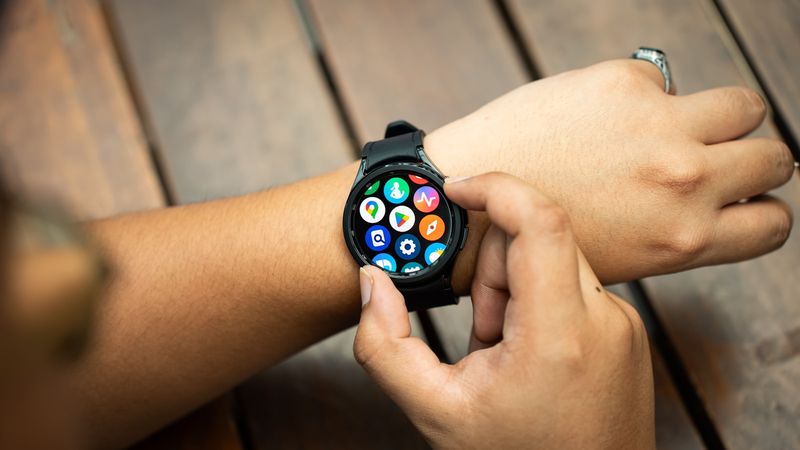 A person interacts with a smartwatch displaying various applications on its screen. The close-up shot focuses on the hand and the watch, showcasing its features and design.