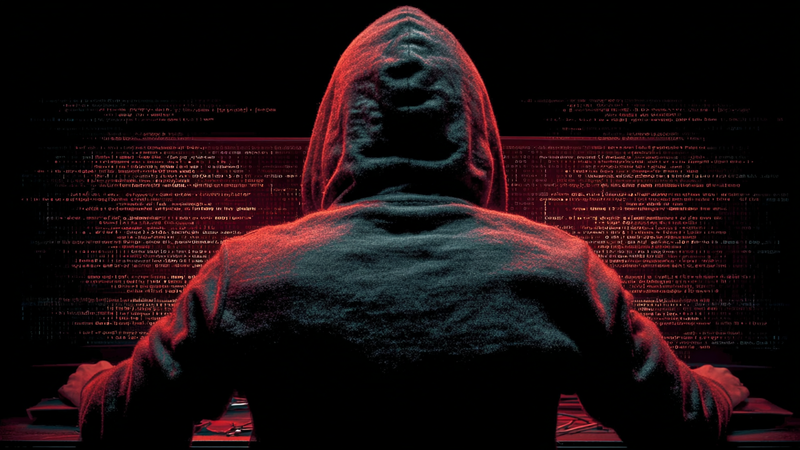 The image depicts a hooded figure sitting at a computer with glowing red and orange code on screens in the background. The focus is on the back of the figure, emphasizing a mysterious and potentially illicit activity related to hacking.