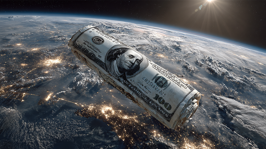 An artistic representation of a rolled-up dollar bill floating in space above the Earth, highlighting the contrast between currency and the planet. The image conveys the vastness of space and the significance of money in a global context.