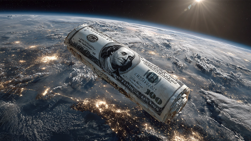 An artistic representation of a rolled-up dollar bill floating in space above the Earth, highlighting the contrast between currency and the planet. The image conveys the vastness of space and the significance of money in a global context.