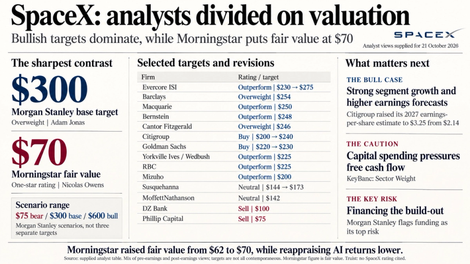The image features a financial analysis article discussing the division among analysts regarding the valuation of SpaceX. It highlights contrasting target values from different firms, with specific ratings and price targets presented in tabular format.