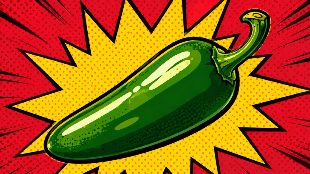 The image features a vibrant green jalapeño pepper, presented in a comic book style with a burst of yellow and red behind it. The visual elements create a playful, exaggerated effect, emphasizing the jalapeño's shape and color.