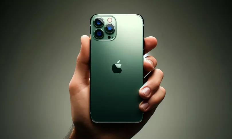 A close-up view of a person's hand holding an Apple iPhone 11 Pro in a striking green color. The focus is on the phone's triple-camera system and the iconic Apple logo on the back.