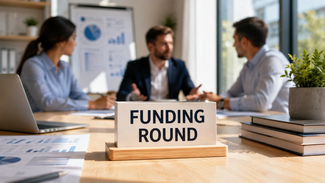 A business meeting taking place in a modern office setting, focusing on discussions about a funding round. The image shows three professionals engaged in conversation, with financial documents and presentations visible on the table.