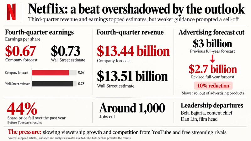 The image presents a financial analysis report focusing on Netflix's performance in the third quarter, highlighting its earnings per share, revenue forecasts, and advertising revenue revisions. It includes statistical data and key performance indicators related to the company.