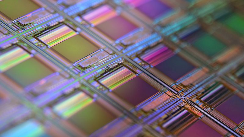 The image showcases a close-up view of a silicon wafer, characterized by its intricate, reflective microchip patterns. This high-tech surface exhibits a vibrant spectrum of colors due to the light interference in its layers.