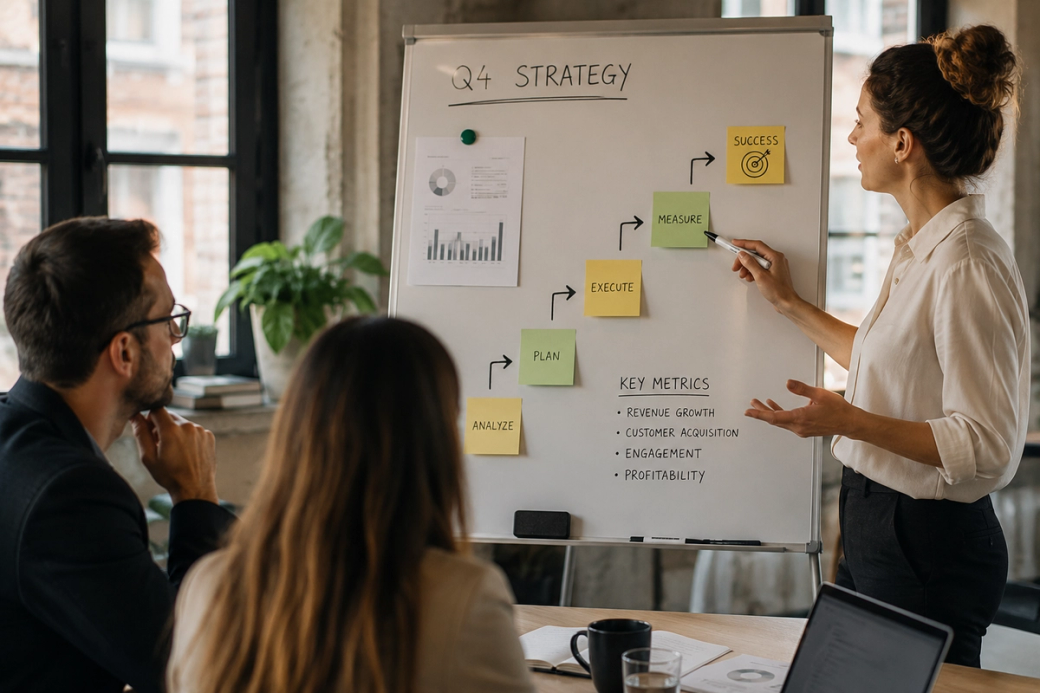 A businesswoman presents a strategic plan to her colleagues during a meeting in a modern office. The presentation focuses on Q4 strategy and key metrics such as revenue growth and customer acquisition.