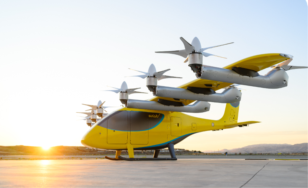 An innovative eVTOL aircraft is showcased on a tarmac during sunset, highlighting its sleek design and vertical takeoff capabilities. The aircraft features multiple rotors, emphasizing advancements in aerial transportation technology.