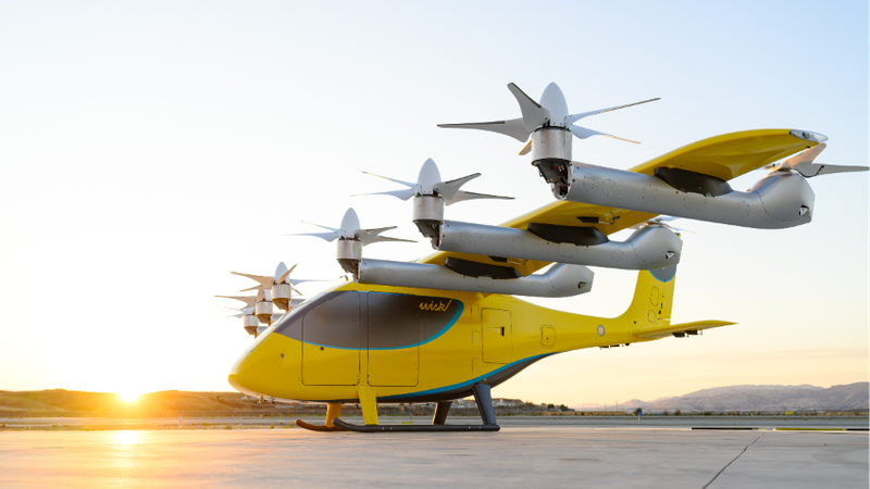 An innovative eVTOL aircraft is showcased on a tarmac during sunset, highlighting its sleek design and vertical takeoff capabilities. The aircraft features multiple rotors, emphasizing advancements in aerial transportation technology.