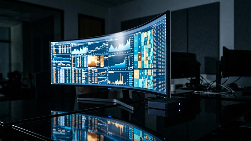The image features a curved computer monitor displaying financial data and stock market analytics in a dimly lit office environment. Multiple graphs and charts showcase stock performance and trading volumes, emphasizing a focus on data analysis.
