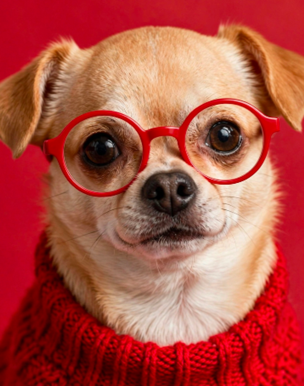 A close-up portrait of a dog wearing red glasses and a knitted red sweater against a solid red background. The dog's expression is calm and engaging, showcasing a playful yet thoughtful demeanor.
