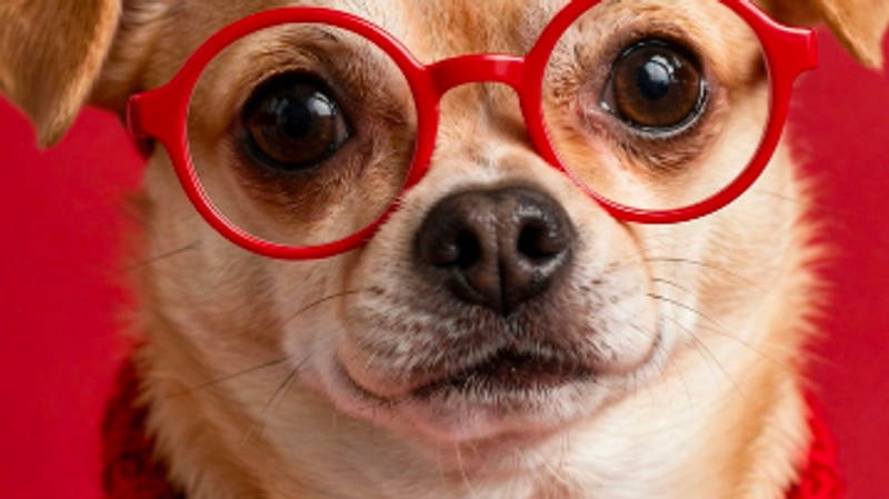 A close-up portrait of a dog wearing red glasses and a knitted red sweater against a solid red background. The dog's expression is calm and engaging, showcasing a playful yet thoughtful demeanor.