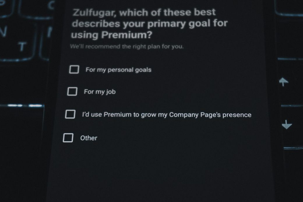 The image shows a close-up of a digital questionnaire or survey on a mobile device. It asks the user about their primary goal for using a service called Premium, with multiple choice options displayed. — Credit: Photo by Zulfugar Karimov on Unsplash
