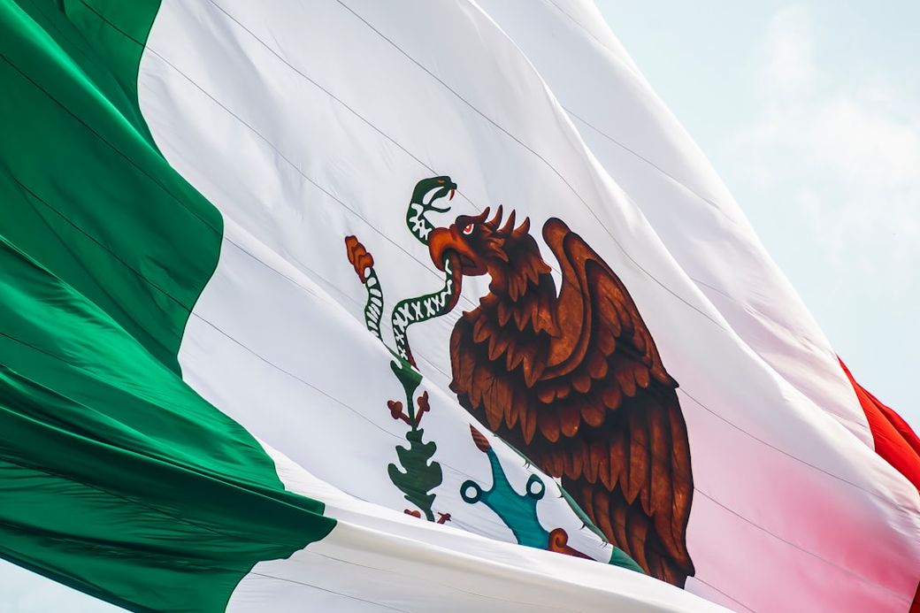 The image features the Mexican flag waving in the wind, showcasing its green, white, and red stripes along with the national emblem. The emblem displays an eagle perched on a cactus, grasping a snake in its beak and talons. — Credit: Photo by Jorge Aguilar on Unsplash