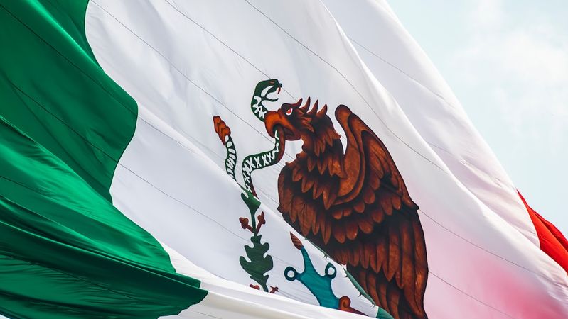 The image features the Mexican flag waving in the wind, showcasing its green, white, and red stripes along with the national emblem. The emblem displays an eagle perched on a cactus, grasping a snake in its beak and talons.