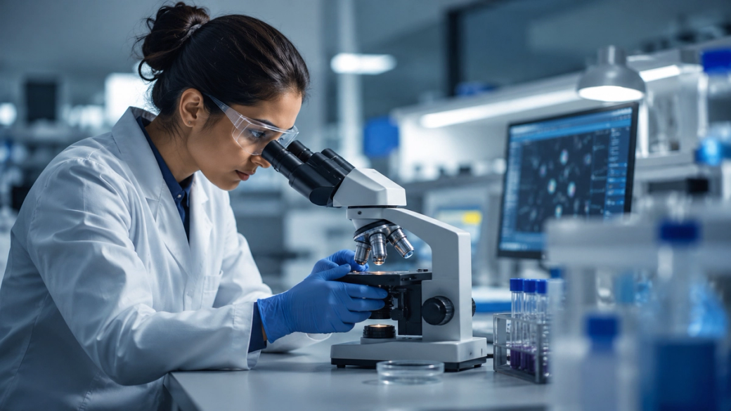 A scientist in a laboratory is intently examining a sample under a microscope. The lab is equipped with modern scientific instruments and display screens, emphasizing a focus on research and analysis.