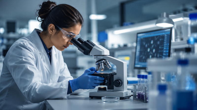 A scientist in a laboratory is intently examining a sample under a microscope. The lab is equipped with modern scientific instruments and display screens, emphasizing a focus on research and analysis.