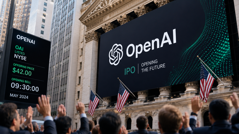 The image shows the exterior of the New York Stock Exchange during the opening of OpenAI's IPO. A large digital display features the OpenAI logo alongside the IPO announcement and pricing.