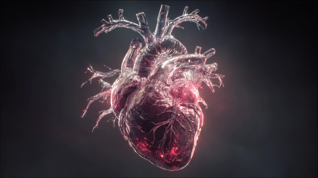The image depicts a detailed, anatomically accurate 3D rendering of a human heart, showcasing its intricate structure and vascular connections. The heart is illuminated with a glowing effect, emphasizing its biological features against a dark background.