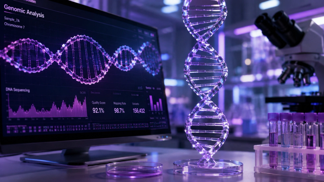 The image depicts a laboratory setting focused on genomic analysis, featuring a digital screen displaying DNA sequencing data and graphical representations. A 3D model of a DNA double helix is prominently displayed alongside lab equipment and vials.