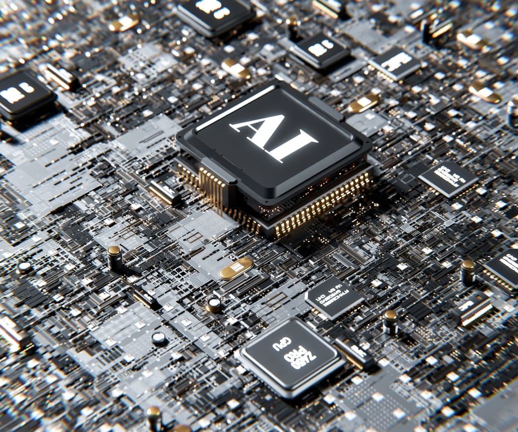 The image showcases a close-up view of a circuit board featuring a prominent AI microprocessor at its center. The intricate design highlights various chips and electrical connections, emphasizing the complexity of modern technology. — Credit: Photo by Igor Omilaev on Unsplash